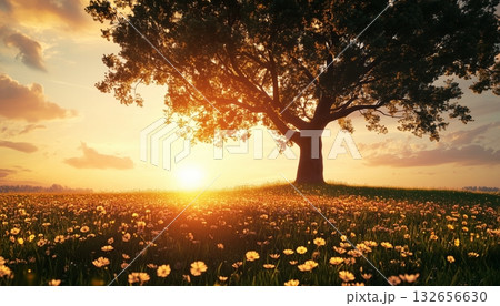 A tree silhouette with golden sunset sky scenic dramatic natural light 132656630