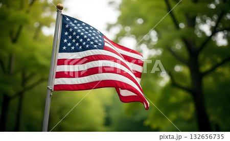 An American flag waves in front of a park, symbolizing Labor Day and honoring workers across various professions 132656735
