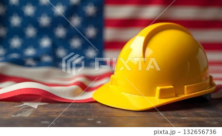 On a table, a construction helmet and an American flag symbolize Labor Day and the dedication of American workers 132656736