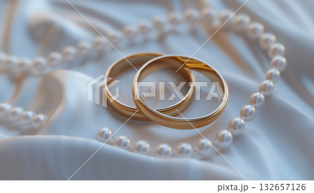 Wedding ring with pearl and satin decoration background 132657126