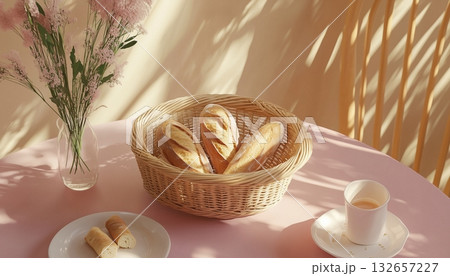 Baguette breads on rattan basket for breakfast in table 132657227