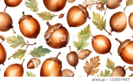 Watercolor pattern autumn leaves and acorns create a cozy fall forest texture. Seamless harvest background with warm golden hour tones 132657487