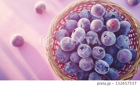 Frozen blueberry on rattan basket on cold season 132657537