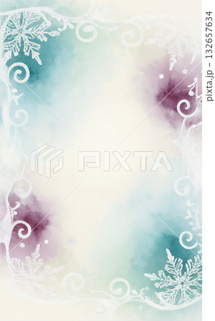 雪の結晶と淡い水彩で彩られたフレーム グリーティングカードの背景素材 132657634