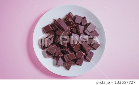 Pineapple covered by chocolate on white plate pink background 132657727