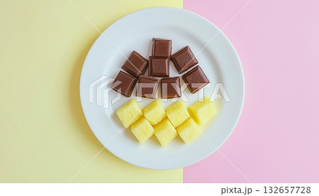Pineapple covered by chocolate on white plate pink background 132657728
