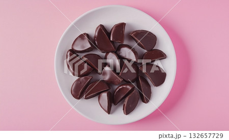 Pineapple covered by chocolate on white plate pink background 132657729