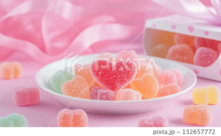 Candies gummy love shaped gelatin sweet snack on white plate 132657772