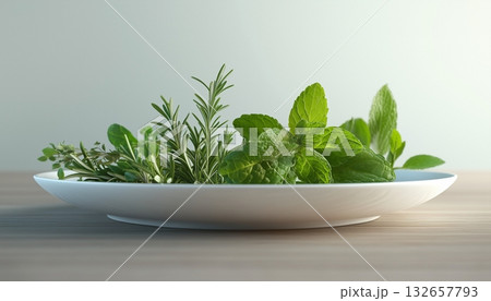 Rosemary leaves fresh herb on white plate organic aromatic ingredient Rosemary leaves fresh herb on white plate organic aromatic ingredient 132657793