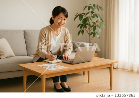 リビングで働く女性穏やかで心地よい在宅ワーク風景 132657863