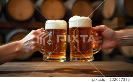 Two people in traditional attire hold beer mugs in front of barrels, celebrating Oktoberfest with pretzels in the background 132657880