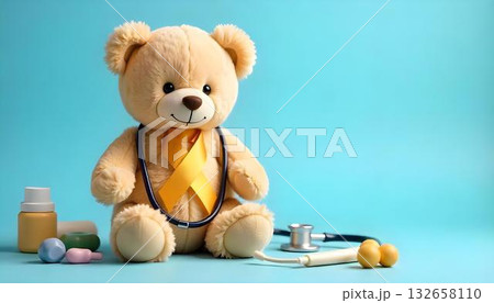 Teddy bear with a stethoscope and gold ribbon, highlighting support for Childhood Cancer Awareness Month and childhood cancer Teddy bear with a stethoscope and gold ribbon, highlighting support for Childhood Cancer Awareness Month and childhood cancer 132658110