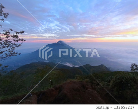 Spectacular Sunrise or Sunset View from High Peak with Sea of Fog 132658217