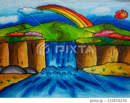 Colorful Waterfall Landscape Drawing with Rainbow and Vibrant Nature Scene Colorful Waterfall Landscape Drawing with Rainbow and Vibrant Nature Scene 132658230