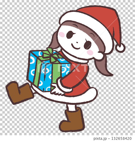 Illustration of a girl dressed as Santa holding a gift Illustration of a girl dressed as Santa holding a gift 132658420