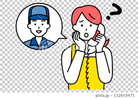 A housewife consulting a delivery person on the phone 132658475