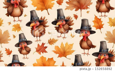 Warm, seamless watercolor pattern of turkeys...のイラスト素材 [132658892] - PIXTA