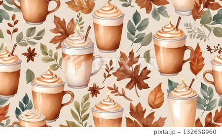 Cozy seamless pattern of coffee and autumn leaves in warm watercolor hues, perfect for a fall-themed background Cozy seamless pattern of coffee and autumn leaves in warm watercolor hues, perfect for a fall-themed background 132658960