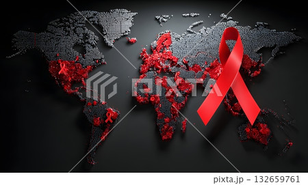 world map with red ribbons global awareness 132659761