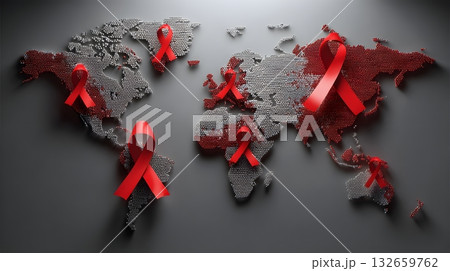 world map with red ribbons global awareness world map with red ribbons global awareness 132659762