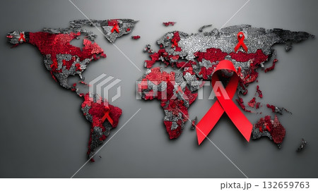 world map with red ribbons global awareness 132659763