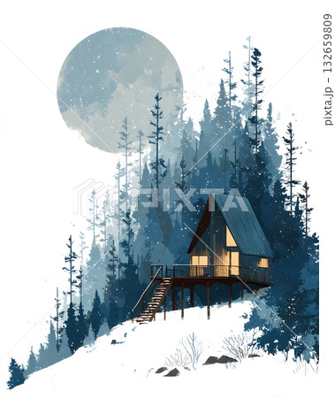 stars over cabin winter illustration stars over cabin winter illustration 132659809