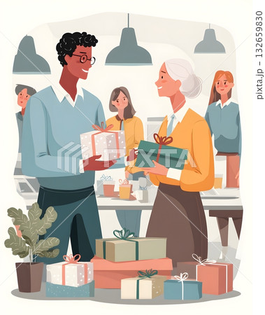 colleagues exchanging gifts workplace illustration colleagues exchanging gifts workplace illustration 132659830