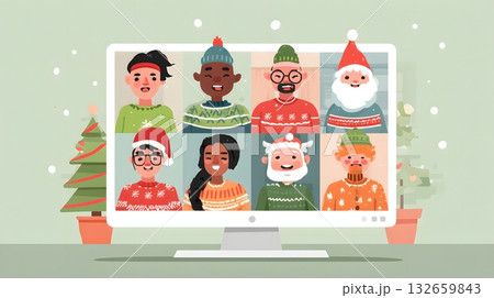 online team christmas video call illustration 132659843