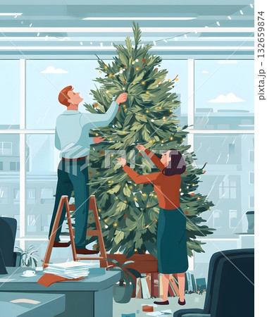 people decorating office christmas tree vector 132659874