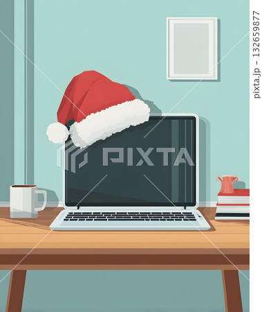 laptop with santa hat workspace flat vector laptop with santa hat workspace flat vector 132659877