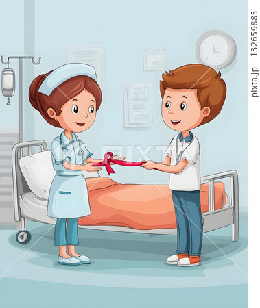 nurse handing out ribbon to patient vector nurse handing out ribbon to patient vector 132659885