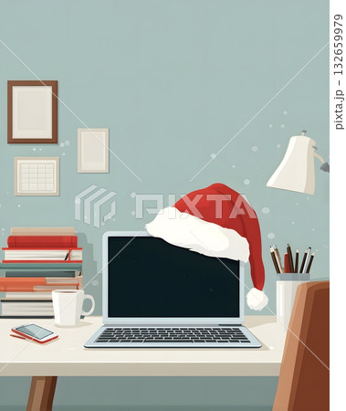 laptop with santa hat workspace flat vector laptop with santa hat workspace flat vector 132659979