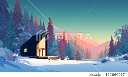 flat cozy cabin winter abstract landscape flat cozy cabin winter abstract landscape 132660017