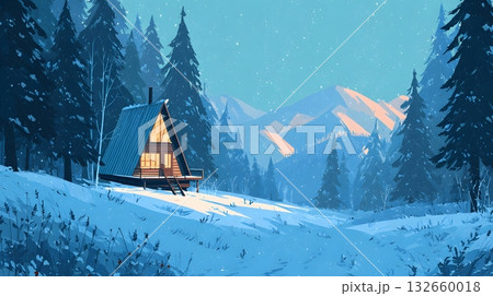 flat cozy cabin winter abstract landscape flat cozy cabin winter abstract landscape 132660018
