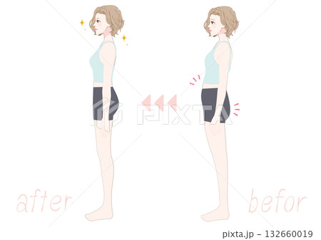 反り腰を整える女性の横向きビフォーアフター 反り腰を整える女性の横向きビフォーアフター 132660019