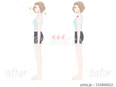 巻き肩を整える女性の横向きビフォーアフター 132660022