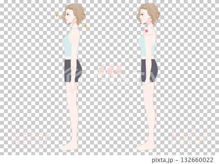 巻き肩を整える女性の横向きビフォーアフター 132660022