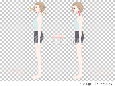 ストレートネックを整える女性の横向きビフォーアフター 132660025