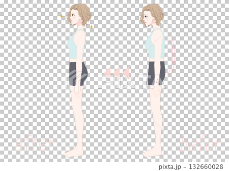 一位女性側臥以矯正扁平背部前後的對比照片 一位女性側臥以矯正扁平背部前後的對比照片 132660028