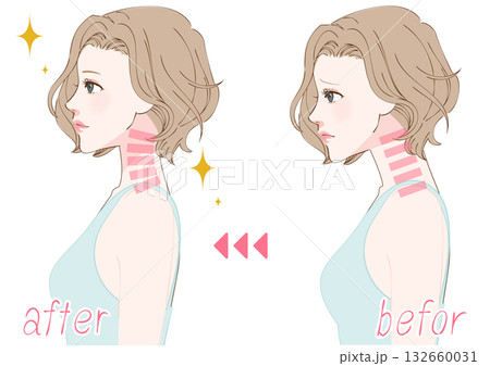 ストレートネックを整える女性の横顔ビフォーアフター ストレートネックを整える女性の横顔ビフォーアフター 132660031