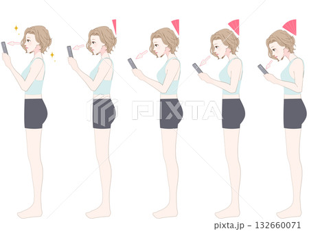 スマホ首の悪化段階女性横向き比較セット 132660071