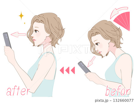 スマホ首改善女性の横顔ビフォーアフター 132660077