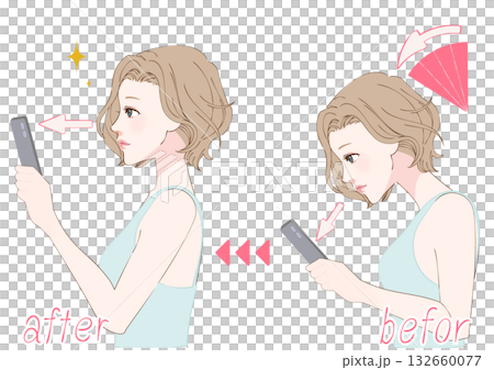 一位女性改善智慧型手機頸部姿勢前後的臉部特寫對比 一位女性改善智慧型手機頸部姿勢前後的臉部特寫對比 132660077