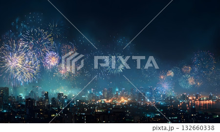 night city fireworks over 2026 glowing on horizon 132660338