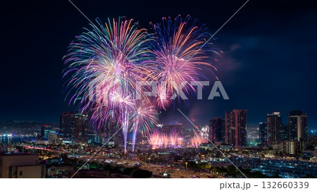 night city fireworks over 2026 glowing on horizon 132660339