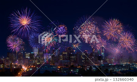 night city fireworks over 2026 glowing on horizon night city fireworks over 2026 glowing on horizon 132660340
