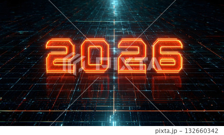 digital futuristic grid with glowing 2026 typography 132660342