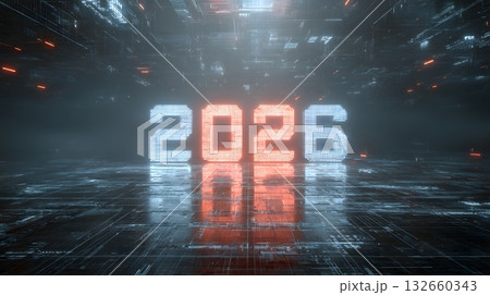digital futuristic grid with glowing 2026 typography 132660343