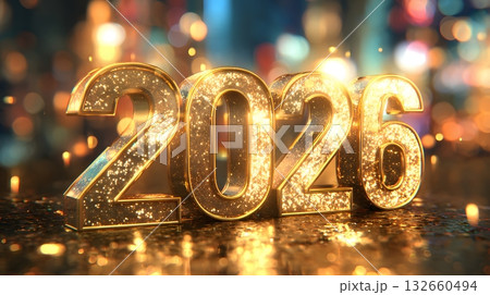 3D render 2026 numbers with glossy texture and sparkling bokeh lights 132660494
