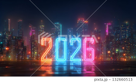 neon 2026 design glowing over city night skyline illustration 132660513